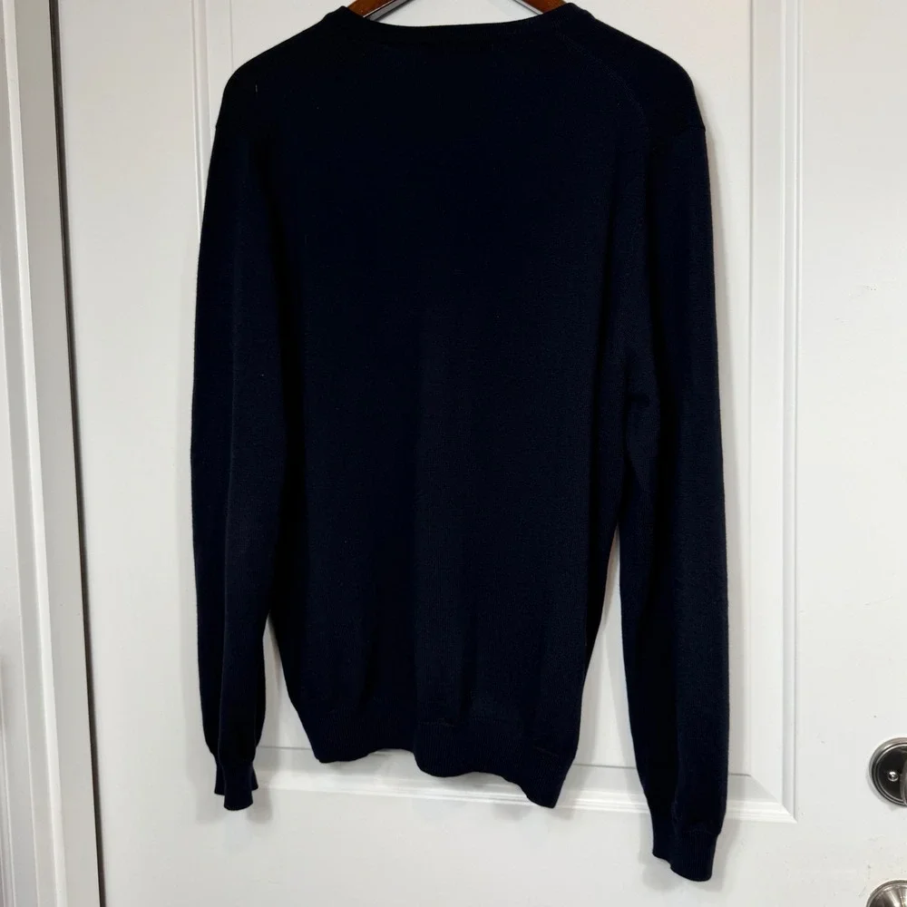 Brooks Brothers Mens Navy Blue Merino Wool Blend Stretch V-Neck Sweater Large